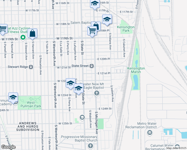 map of restaurants, bars, coffee shops, grocery stores, and more near 36 East 122nd Street in Chicago