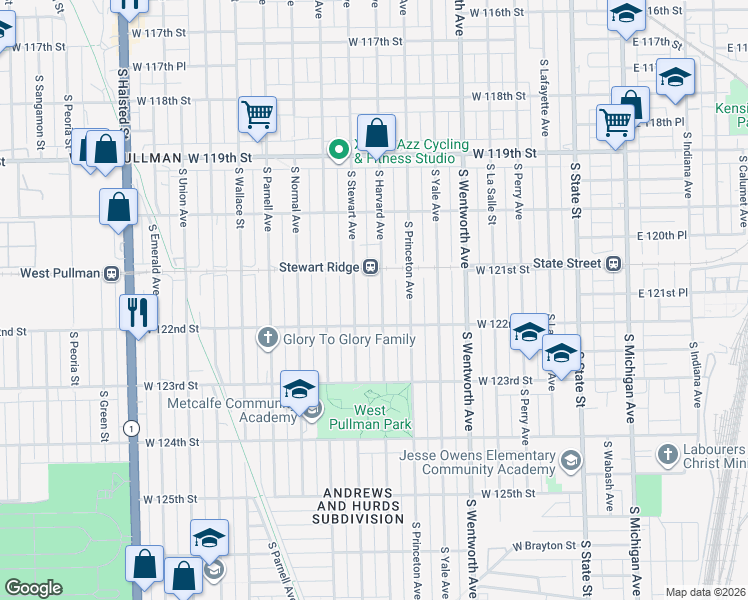 map of restaurants, bars, coffee shops, grocery stores, and more near 12145 South Stewart Avenue in Chicago