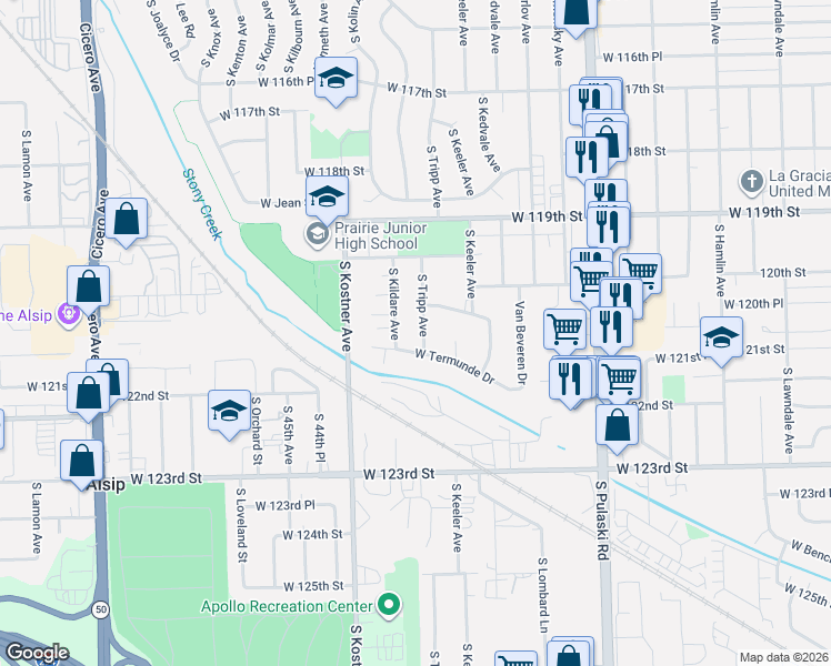 map of restaurants, bars, coffee shops, grocery stores, and more near 12035 South Tripp Avenue in Alsip