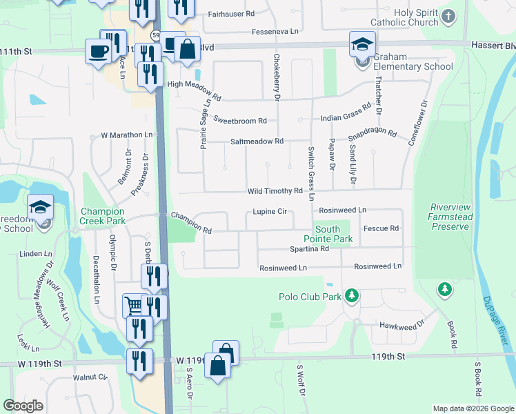 map of restaurants, bars, coffee shops, grocery stores, and more near 2648 Lupine Circle in Naperville