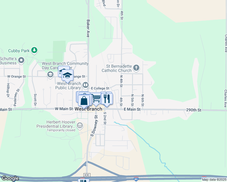 map of restaurants, bars, coffee shops, grocery stores, and more near 238 N 4th St in West Branch