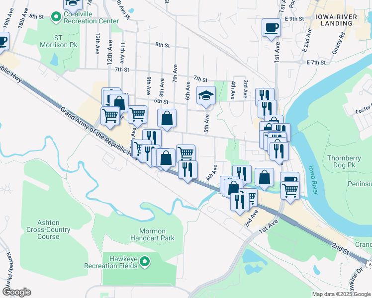 map of restaurants, bars, coffee shops, grocery stores, and more near 409 6th Avenue in Coralville