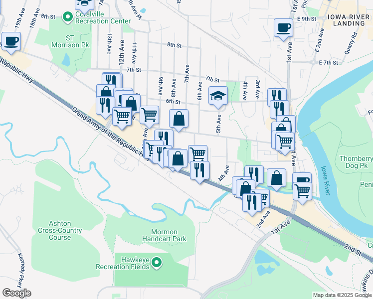 map of restaurants, bars, coffee shops, grocery stores, and more near 404 6th Avenue in Coralville