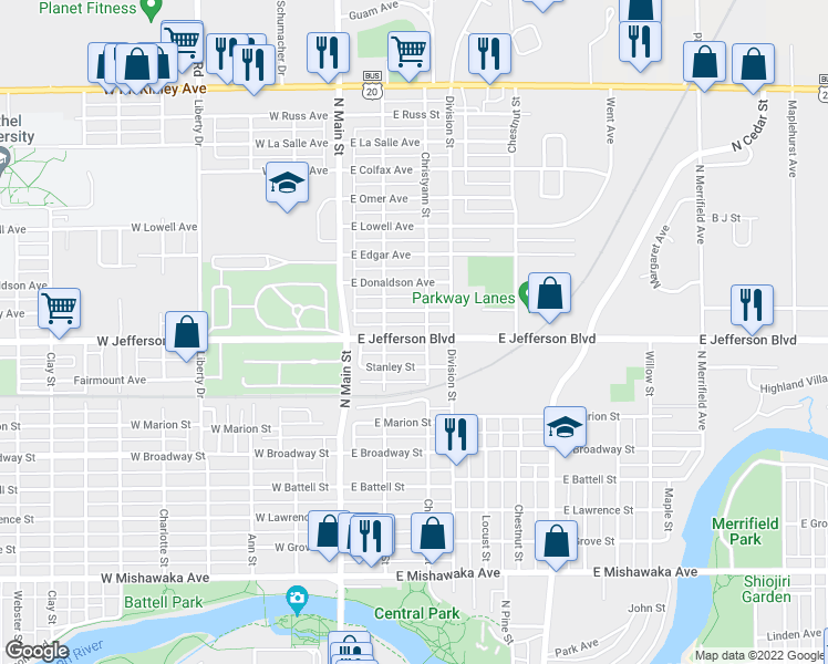 map of restaurants, bars, coffee shops, grocery stores, and more near 230 East Jefferson Boulevard in Mishawaka