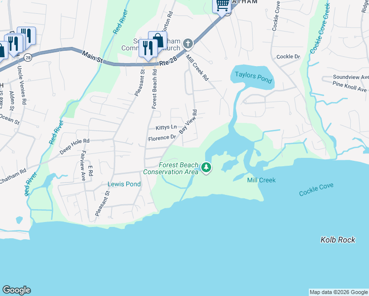 map of restaurants, bars, coffee shops, grocery stores, and more near 189 Bay View Road in Chatham