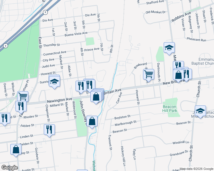map of restaurants, bars, coffee shops, grocery stores, and more near 99 Sunrise Circle in Newington