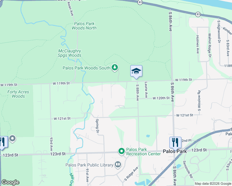 map of restaurants, bars, coffee shops, grocery stores, and more near 11919 South 89th Court in Palos Park