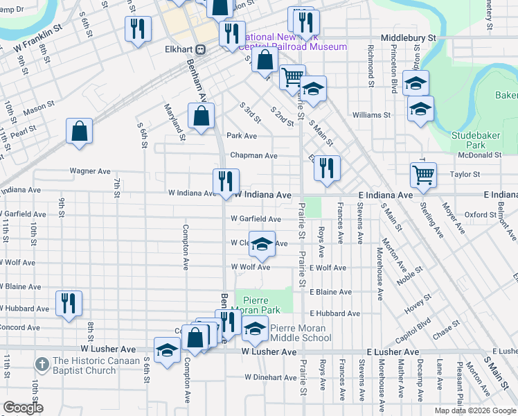 map of restaurants, bars, coffee shops, grocery stores, and more near 200 West Garfield Avenue in Elkhart