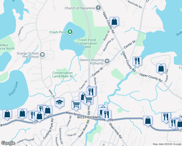 map of restaurants, bars, coffee shops, grocery stores, and more near 114 Massachusetts 134 in Dennis