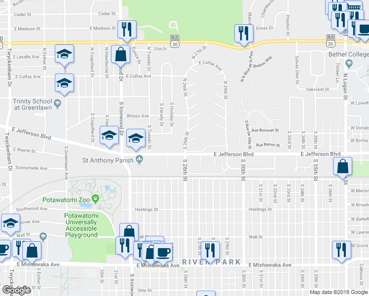 map of restaurants, bars, coffee shops, grocery stores, and more near 311 South 26th Street in South Bend