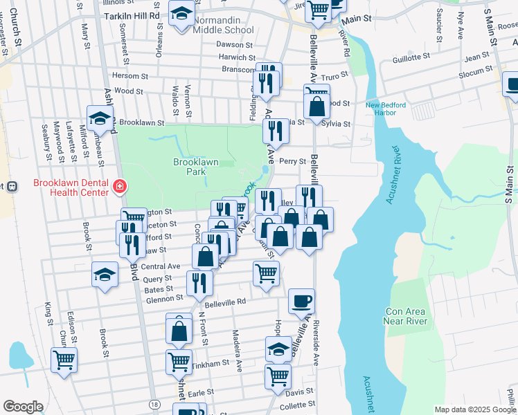 map of restaurants, bars, coffee shops, grocery stores, and more near 1902 Acushnet Avenue in New Bedford