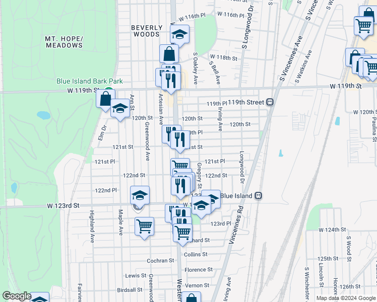 map of restaurants, bars, coffee shops, grocery stores, and more near 2337 121st Street in Blue Island