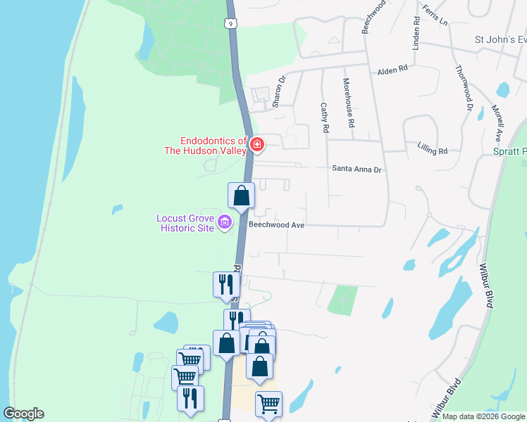 map of restaurants, bars, coffee shops, grocery stores, and more near 230 Beechwood Avenue in Poughkeepsie