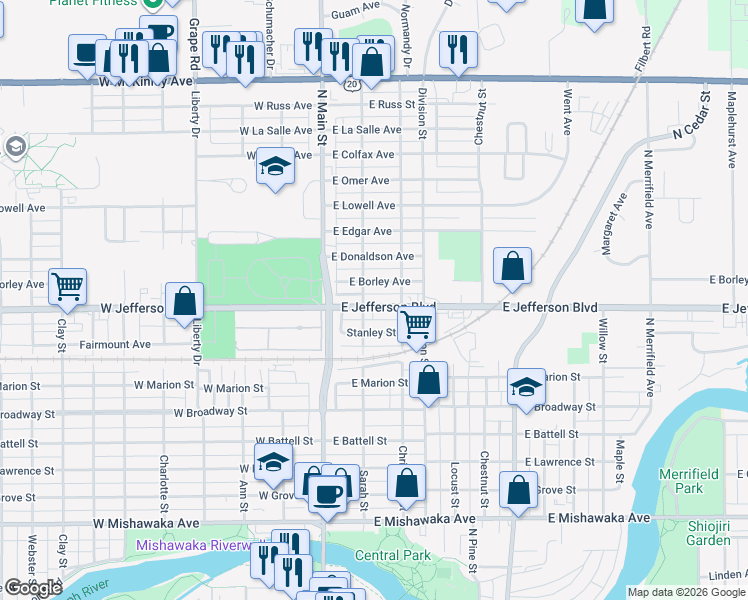 map of restaurants, bars, coffee shops, grocery stores, and more near 210 East Jefferson Boulevard in Mishawaka