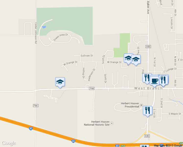 map of restaurants, bars, coffee shops, grocery stores, and more near Pedersen Street in West Branch