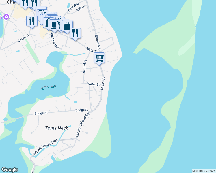 map of restaurants, bars, coffee shops, grocery stores, and more near 144 Water Street in Chatham
