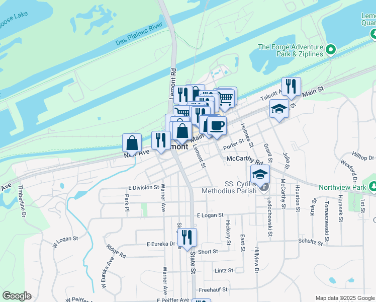 map of restaurants, bars, coffee shops, grocery stores, and more near 242 East Illinois Street in Lemont