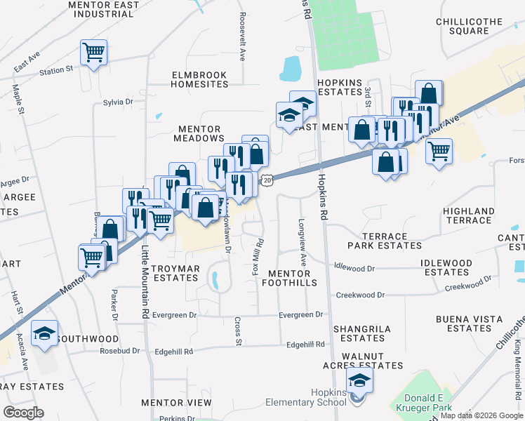 map of restaurants, bars, coffee shops, grocery stores, and more near 7258 Beechwood Drive in Mentor