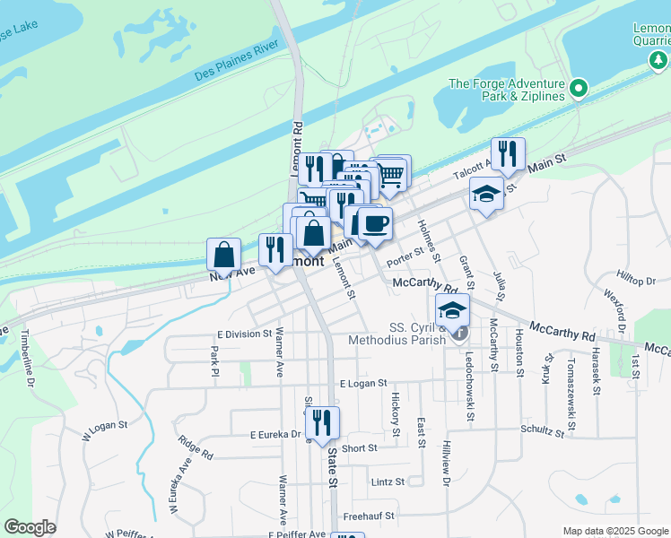 map of restaurants, bars, coffee shops, grocery stores, and more near 242 East Illinois Street in Lemont