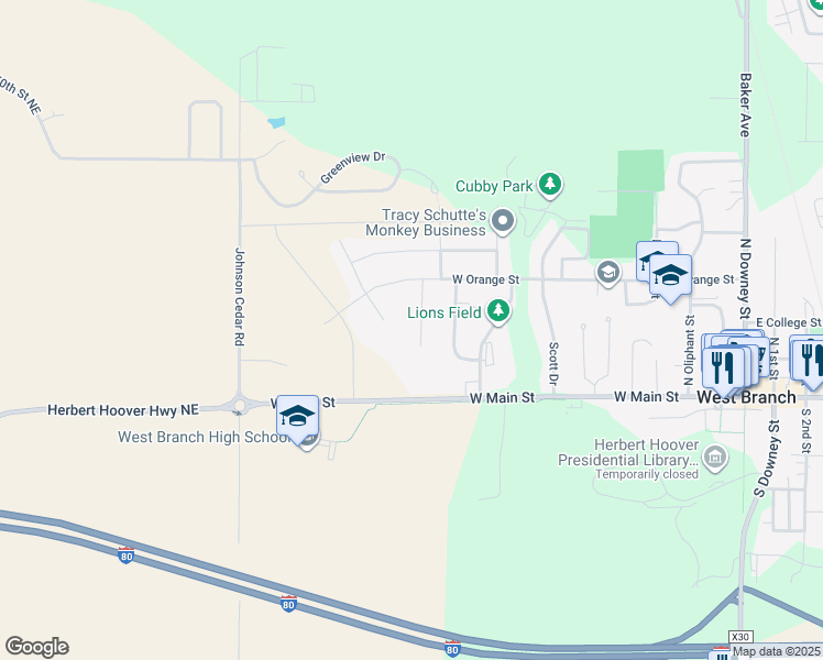 map of restaurants, bars, coffee shops, grocery stores, and more near Hilltop Drive in West Branch