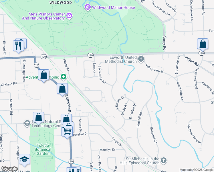 map of restaurants, bars, coffee shops, grocery stores, and more near 2835 Secretariat Road in Toledo