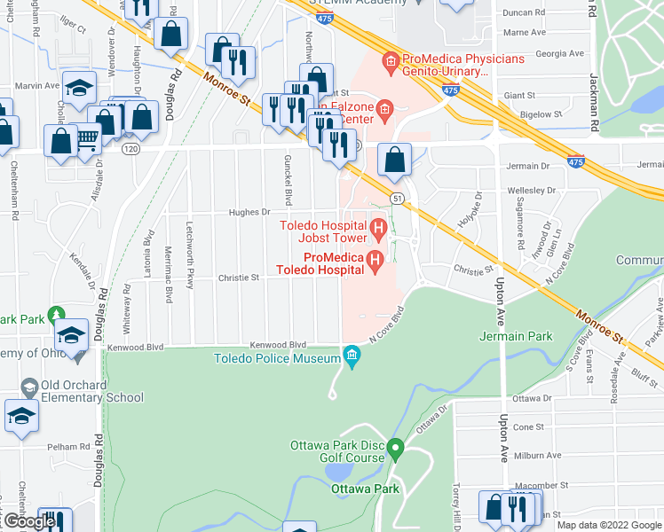 map of restaurants, bars, coffee shops, grocery stores, and more near 2696 Midwood Avenue in Toledo