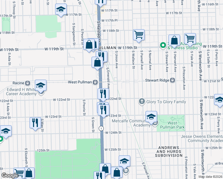 map of restaurants, bars, coffee shops, grocery stores, and more near 12140 South Emerald Avenue in Chicago