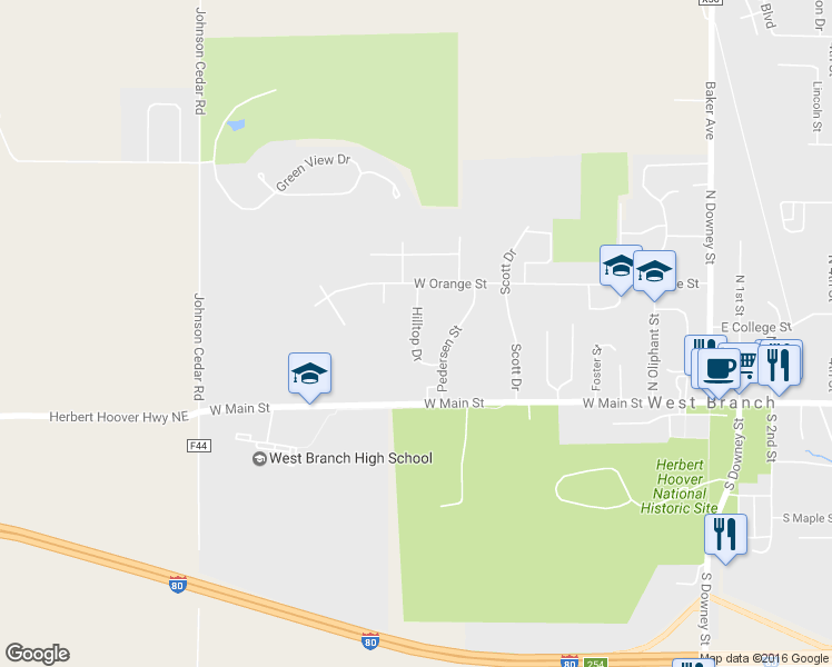 map of restaurants, bars, coffee shops, grocery stores, and more near Hilltop Drive in West Branch