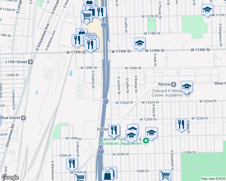 map of restaurants, bars, coffee shops, grocery stores, and more near 12125 South Ashland Avenue in Chicago