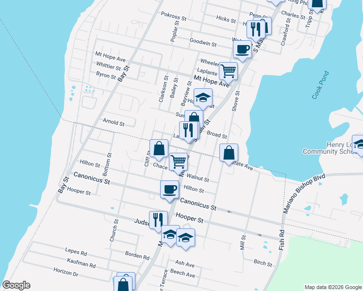 map of restaurants, bars, coffee shops, grocery stores, and more near 10 Audet Street in Tiverton
