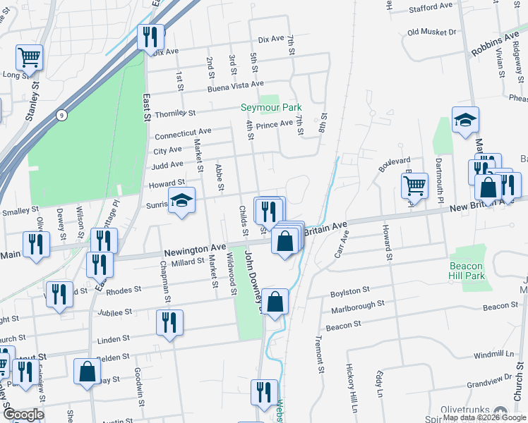 map of restaurants, bars, coffee shops, grocery stores, and more near 33 Charles Street in New Britain