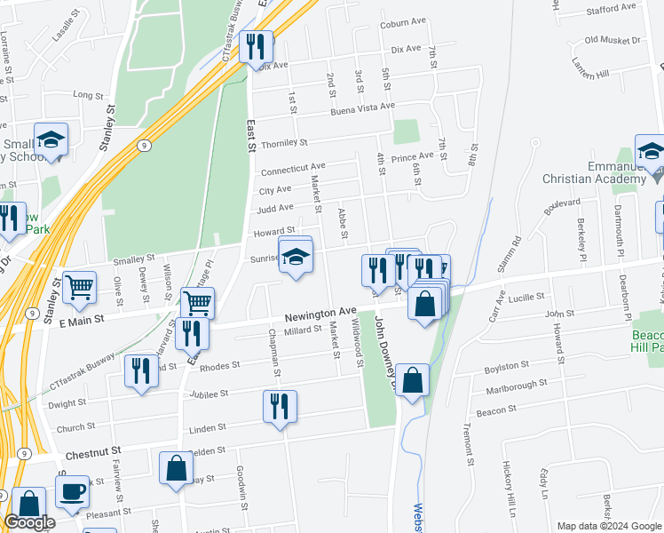 map of restaurants, bars, coffee shops, grocery stores, and more near 129 Market Street in New Britain