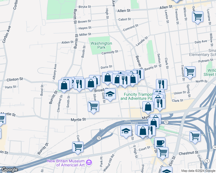 map of restaurants, bars, coffee shops, grocery stores, and more near in New Britain