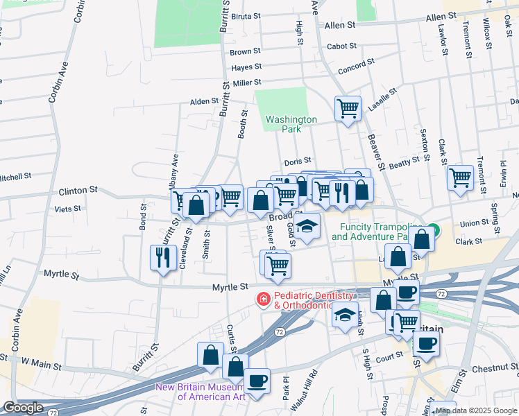 map of restaurants, bars, coffee shops, grocery stores, and more near 223 Broad Street in New Britain