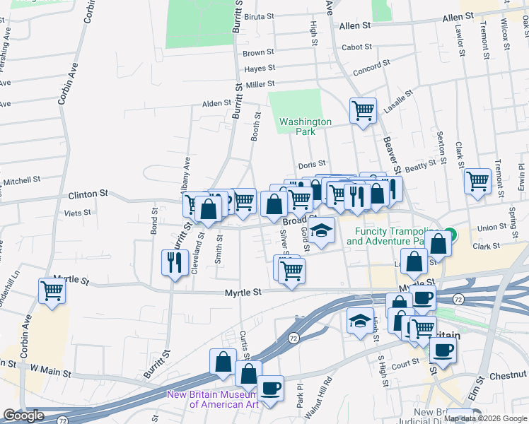 map of restaurants, bars, coffee shops, grocery stores, and more near 223 Broad Street in New Britain