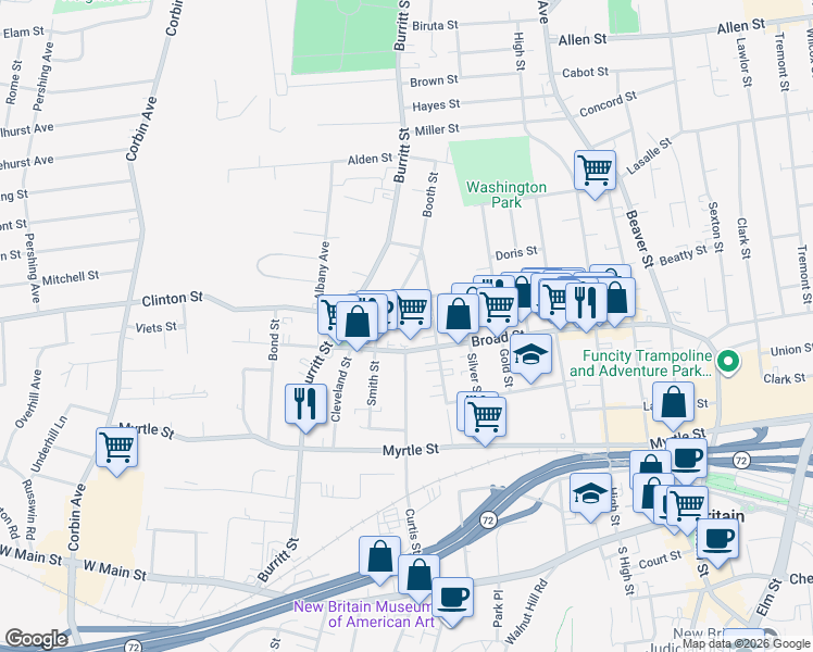 map of restaurants, bars, coffee shops, grocery stores, and more near 259 Broad Street in New Britain