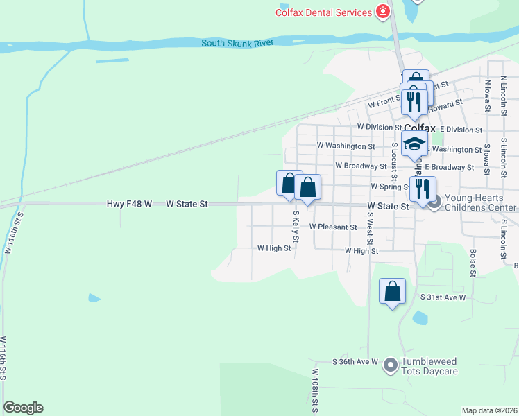 map of restaurants, bars, coffee shops, grocery stores, and more near 400 South Hastings Avenue in Colfax