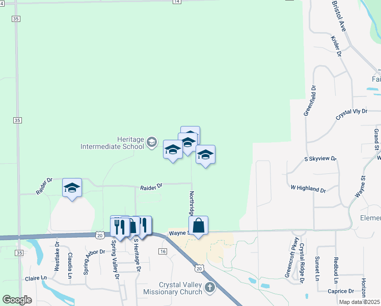 map of restaurants, bars, coffee shops, grocery stores, and more near 56647 Northridge Drive in Middlebury