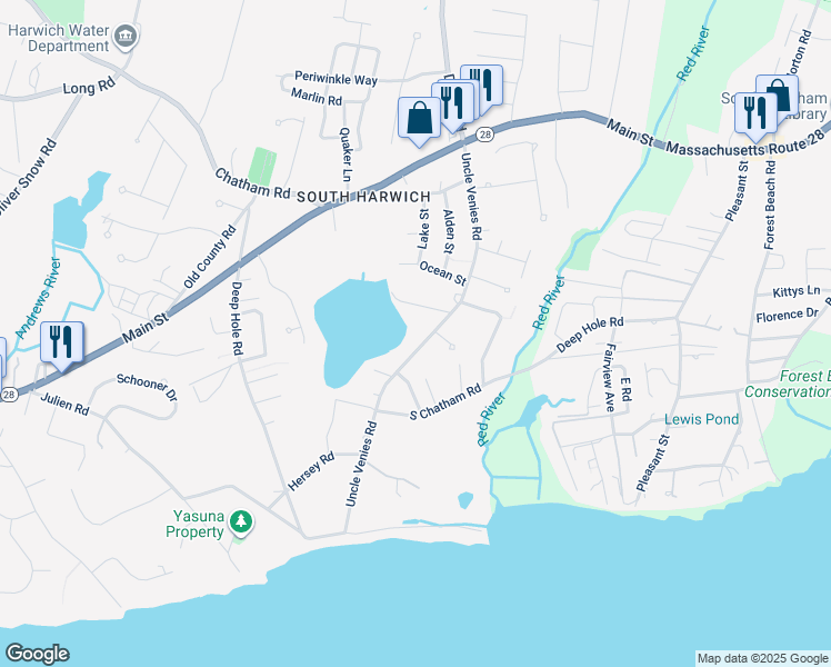map of restaurants, bars, coffee shops, grocery stores, and more near 96 Uncle Venies Road in Harwich