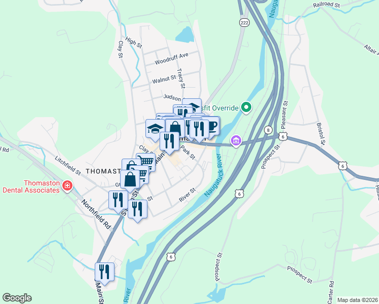 map of restaurants, bars, coffee shops, grocery stores, and more near 30 Park Street in Thomaston