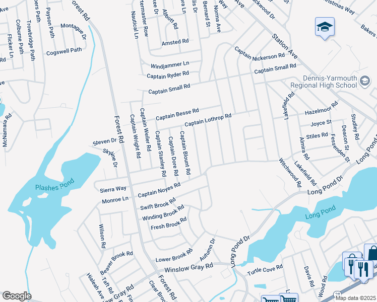 map of restaurants, bars, coffee shops, grocery stores, and more near 42 Captain Blount Road in Yarmouth