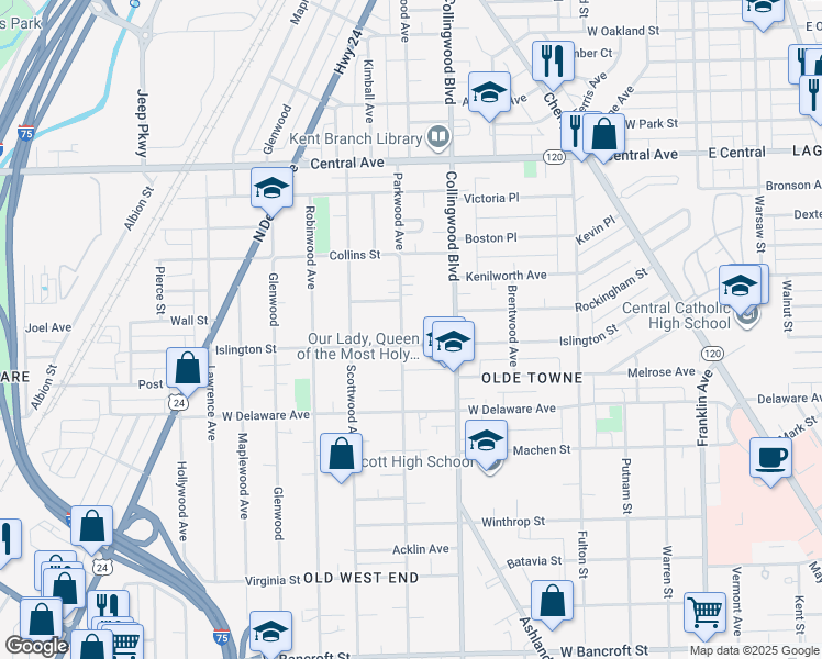 map of restaurants, bars, coffee shops, grocery stores, and more near 2561 Parkwood Avenue in Toledo