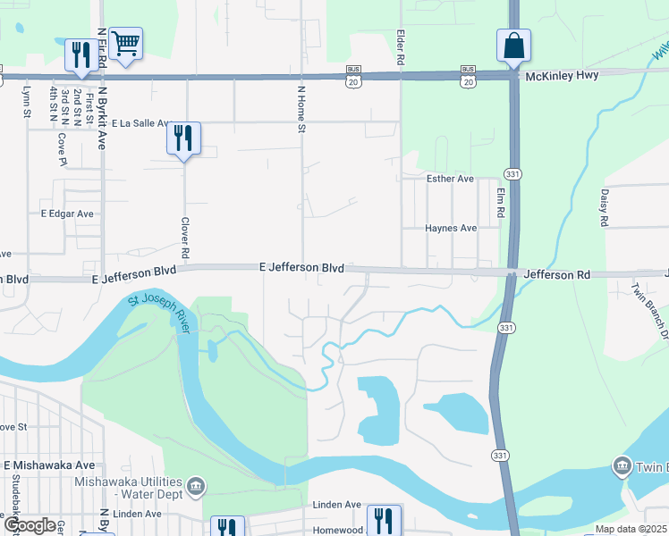 map of restaurants, bars, coffee shops, grocery stores, and more near 2050 East Jefferson Boulevard in Mishawaka