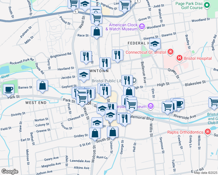 map of restaurants, bars, coffee shops, grocery stores, and more near 38-90 North Main Street in Bristol