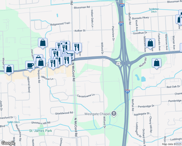 map of restaurants, bars, coffee shops, grocery stores, and more near 6569 Wild Oaks Drive in Toledo