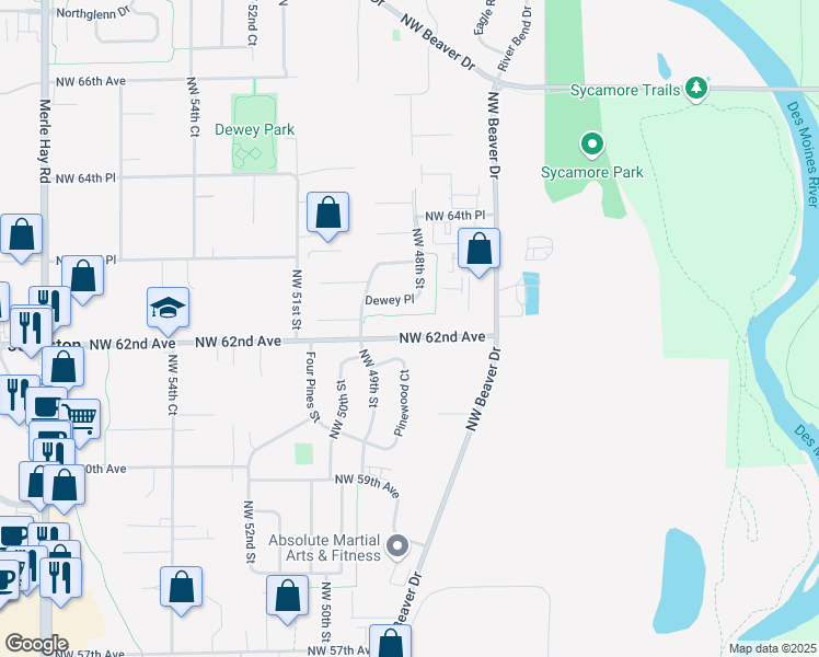 map of restaurants, bars, coffee shops, grocery stores, and more near 4779 Northwest 62nd Avenue in Johnston