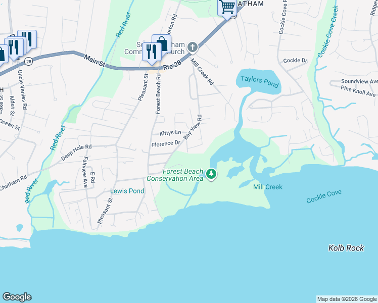map of restaurants, bars, coffee shops, grocery stores, and more near 189 Bay View Road in Chatham