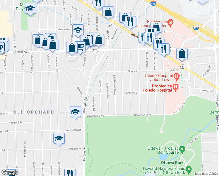 map of restaurants, bars, coffee shops, grocery stores, and more near 2720 Merrimac Boulevard in Toledo