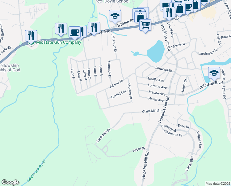 map of restaurants, bars, coffee shops, grocery stores, and more near 10 Garfield Drive in Coventry