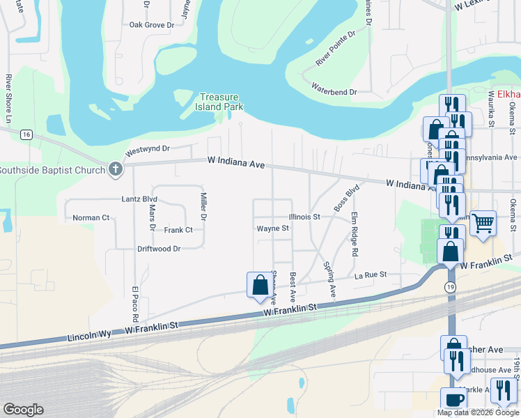 map of restaurants, bars, coffee shops, grocery stores, and more near 56561 Shore Avenue in Elkhart